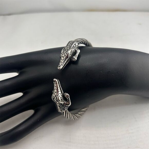 Viking Crocodile Head Twisted Cable Cuff Bracelet Silver Unisex - Picture 1 of 6